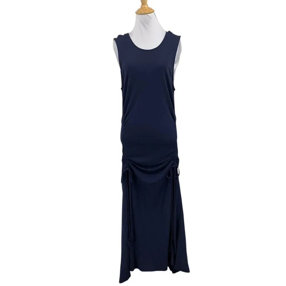 Tory Burch Dress Womens L Large Navy Shannon Sleeveless Front Tie Cinching Midi